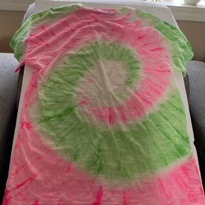 Emma & Sam Womens short sleeve tee T shirt neon green pink spiral tie dye